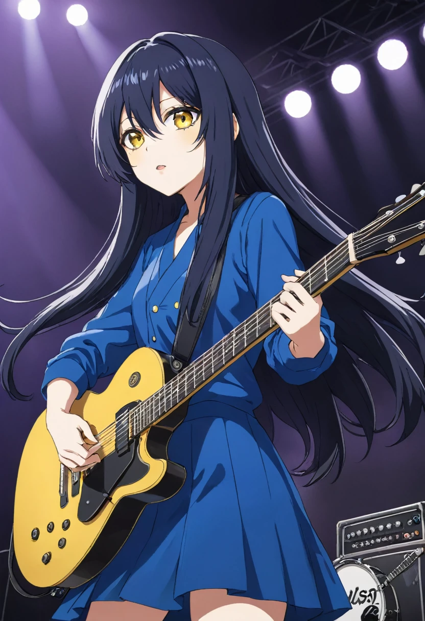 Miko yotsuya playing guitar in concert (yelllow eyes)   black blue long hair