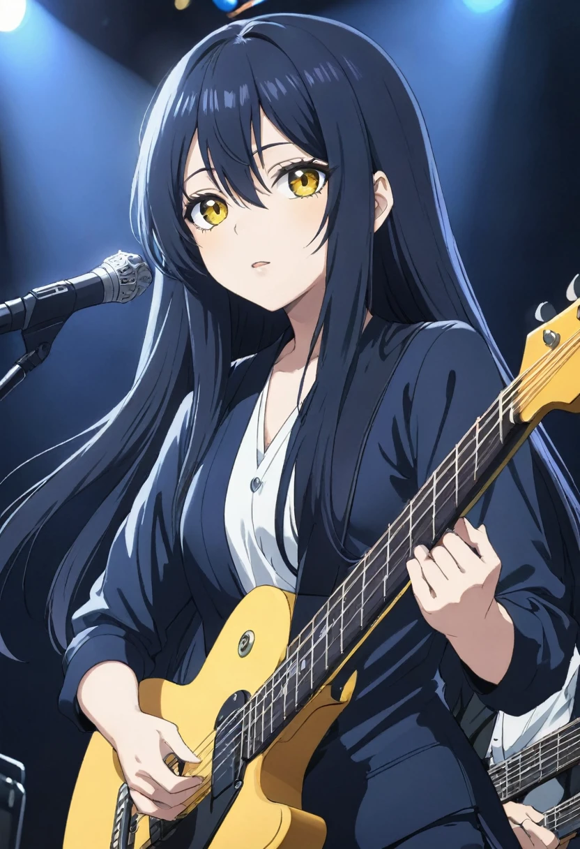 Miko yotsuya playing guitar in concert (yelllow eyes)   black blue long hair