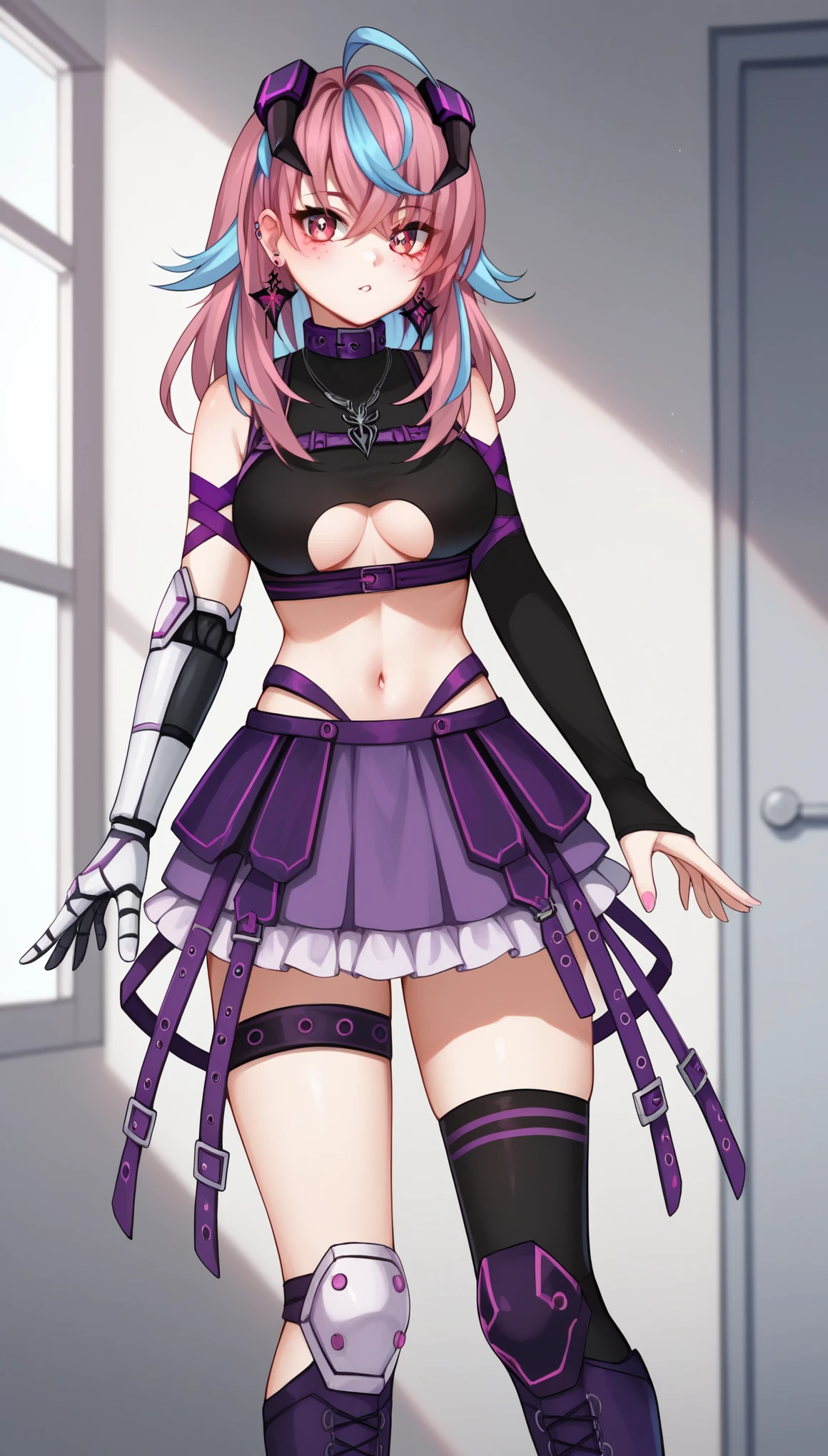 score_9, score_8_up, score_7_up, score_6_up, score_5_up, score_4_up, BREAK, EmikukisVTXL, pink freckless, pink eyes, purple eyes, red eyes, multicolored eyes, pink hair, blue hair, two-tone hair, long hair, streaked hair, sidelocks, hair between eyes, bangs, ahoge, horns, earrings, medium breasts, purple collar, spider necklace, black crop top, underboob cutout, arm ribbon, (single mechanical arm), black arm warmer, navel, purple skirt, frilled skirt, black thighhighs, asymmetrical legwear, thigh strap, single white knee pad, purple boots, solo, standing, looking at viewer, indoors