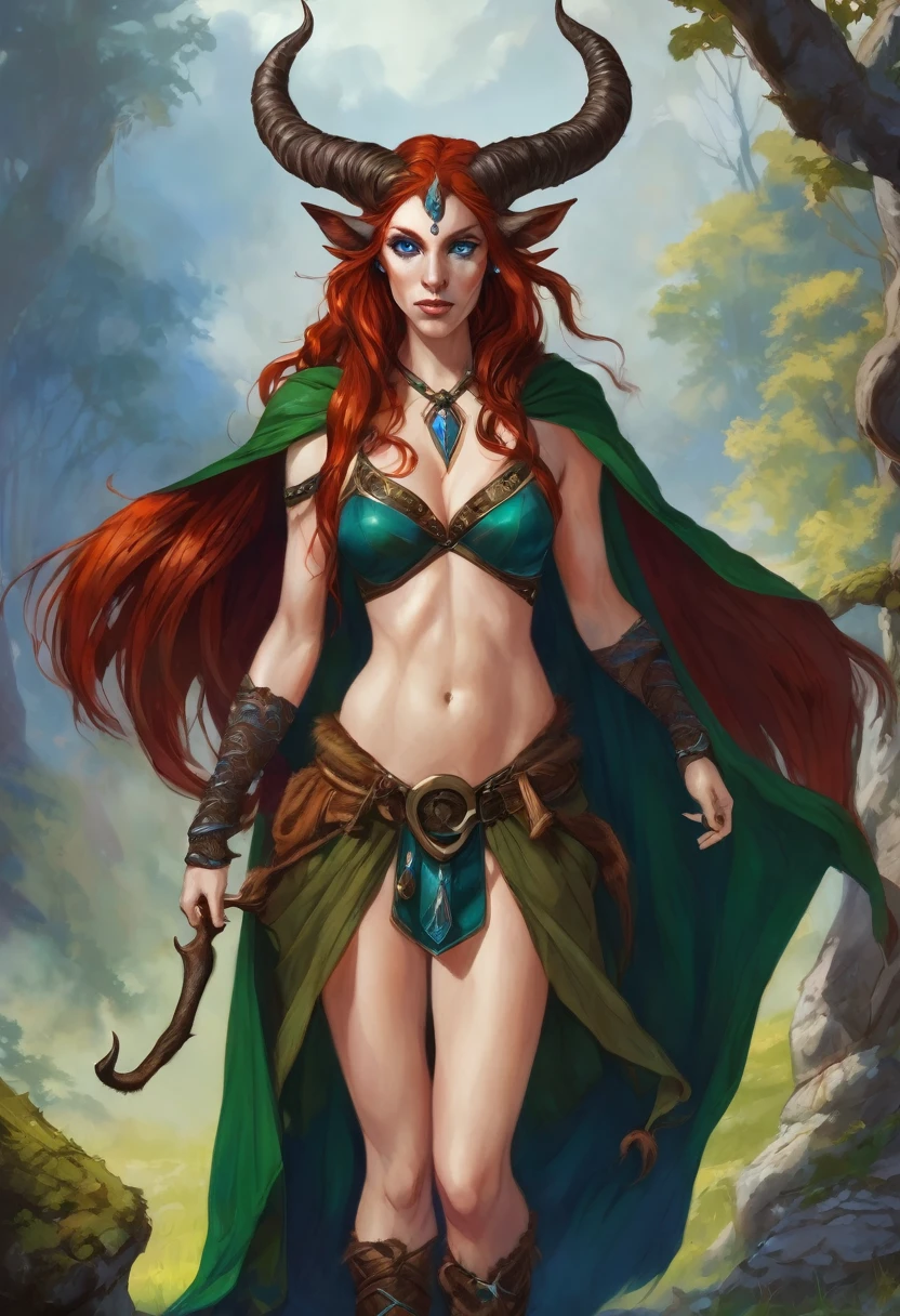 in the style of masters of the universe, flat colors style, bold sharp lines, cell shading, a (green skinned, green skin, bright green skin:1.3) female warrior, she has (red hair) and wears a (blue leather harness across her chest), leather shoulder straps, loincloth, thick fur belt, white fur boots, silver bracers, fur cloak. (detailed face, detailed eyes) (best quality,4k,8k,highres,masterpiece, colorful, vibrant colors:1.2), absurdres, ((detailed eyes)), narrow eyes, lavender colored eyes, piercing eyes, pointed ears, sharp ears, (grim expression). Good hands, detailed hands. Eternia background, multicolor sky, blue moon. Show her standing confidently with her fists clenched, in a thick dark jungle, vines, purple trees, blue leaves. dramatic shadows