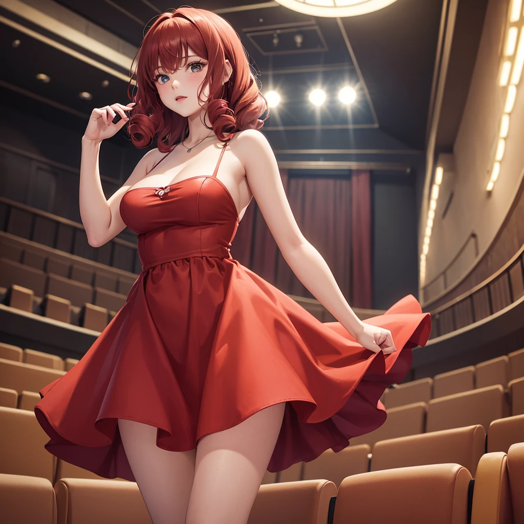 Women, Doll Body, Abundant, curly red hair, short beige dress, in a theater