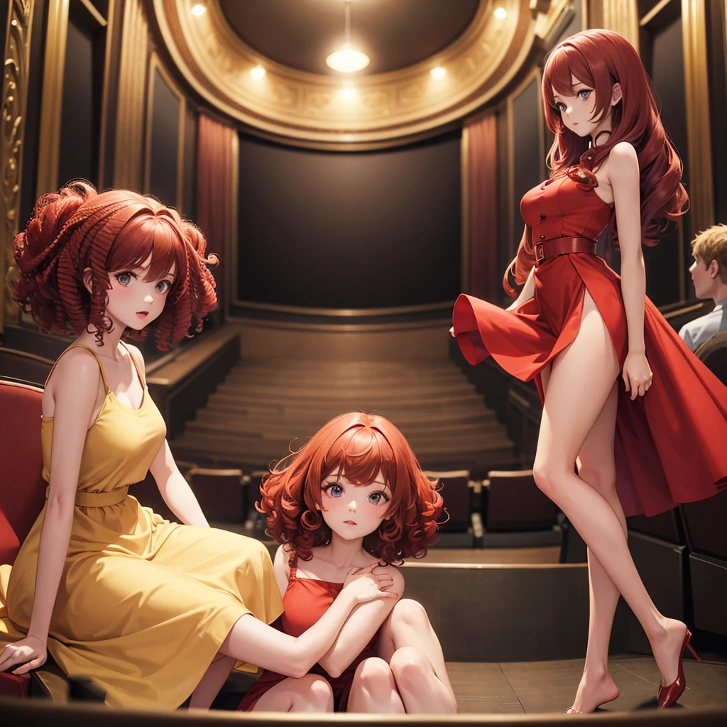 Women, Doll Body, Abundant, curly red hair, short beige dress, in a theater