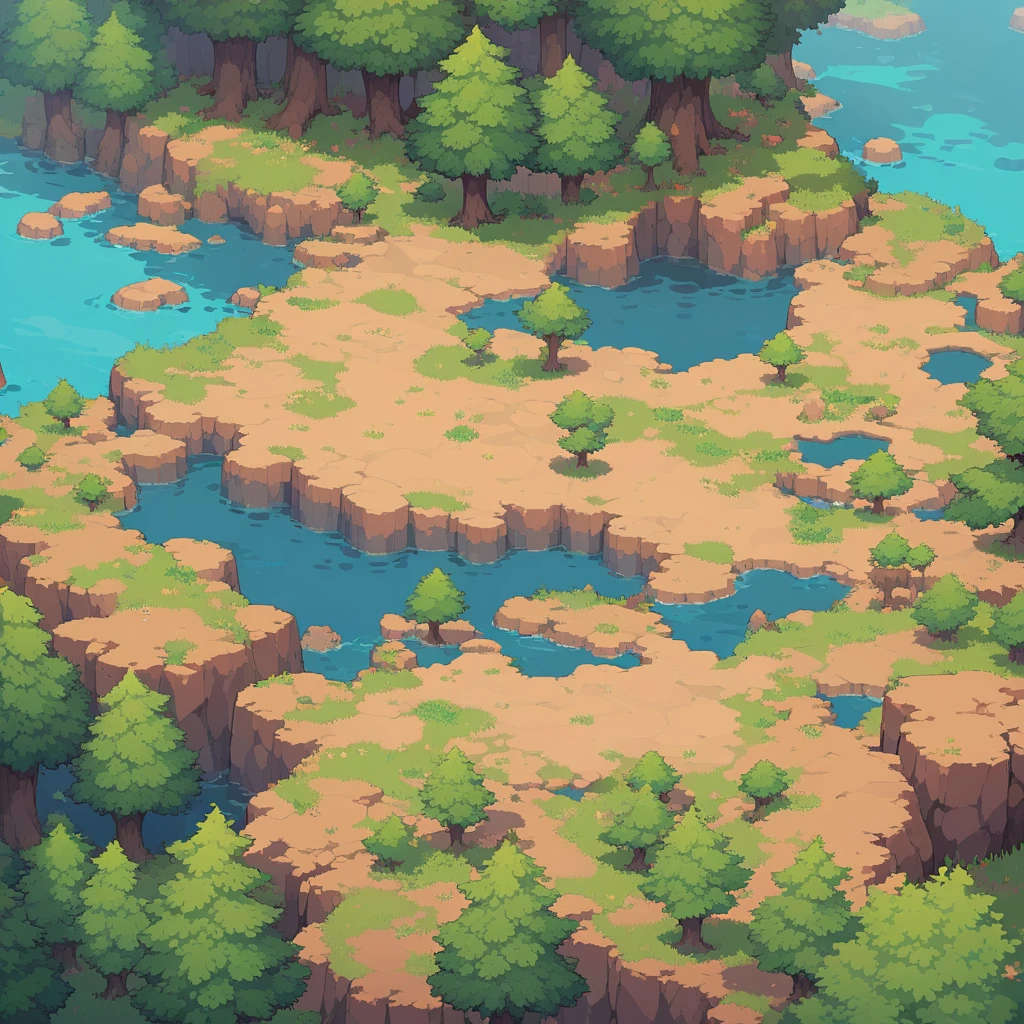 retro video game style,pixelated pastel colors,8-bit characters,blocky shapes,sharp lines,detailed shading,classic gaming vibe,nostalgic atmosphere,classic arcade games,masterpiece:1.2,ultra-detailed,illustration style, 2d texture, stone texture, 4 k seamless mud texture, video game texture, dirt texture, tileset, game tiles, grass, 3/4th perspective trees, cliff formation tileset, cliff texture tileset, 3/4th perspective forest, topdown view, game texture, game art, dirt, , tileable texture, top down view, 3/4th perspective
