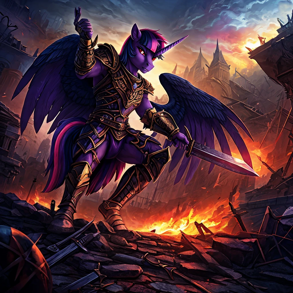 a war-torn apocalyptic city in flames, an evil leader anthro alicorn pony queen twilight sparkle with a scar across face, dead male anthro pony in a military outfit, detailed feathered wings and unicorn horn, detailed hands and feet, wearing steel armor, wielding a sword, surrounded by dark magic, wearing a crown, beautiful detailed eyes, beautiful detailed lips, green and red eyes with purple smoke, extremely detailed eyes and face, long eyelashes, realistic portrait, fantasy portrait, dark fantasy, concept art, digital painting, hyper-detailed, cinematic lighting, volumetric lighting, dramatic colors, deep shadows, moody atmosphere, intricate texture, highly detailed armor, ornate crown, glowing dark magic effects, dynamic pose, photorealistic, 8k, HDR, physically-based rendering, vibrant colors, cinematic framing