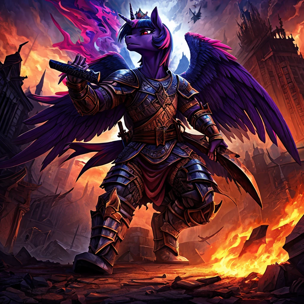 a war-torn apocalyptic city in flames, an evil leader anthro alicorn pony queen twilight sparkle with a scar across face, dead male anthro pony in a military outfit, detailed feathered wings and unicorn horn, detailed hands and feet, wearing steel armor, wielding a sword, surrounded by dark magic, wearing a crown, beautiful detailed eyes, beautiful detailed lips, green and red eyes with purple smoke, extremely detailed eyes and face, long eyelashes, realistic portrait, fantasy portrait, dark fantasy, concept art, digital painting, hyper-detailed, cinematic lighting, volumetric lighting, dramatic colors, deep shadows, moody atmosphere, intricate texture, highly detailed armor, ornate crown, glowing dark magic effects, dynamic pose, photorealistic, 8k, HDR, physically-based rendering, vibrant colors, cinematic framing