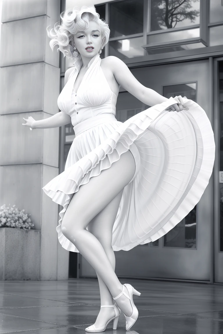 3monroe, marilyn monroe in a white dress, gale-force winds, dynamic folds, wet floors, wearing a skirt, exploding, historic photo, fins, archival pigment print, aperture priority, throw, exhibit, photograph, curve