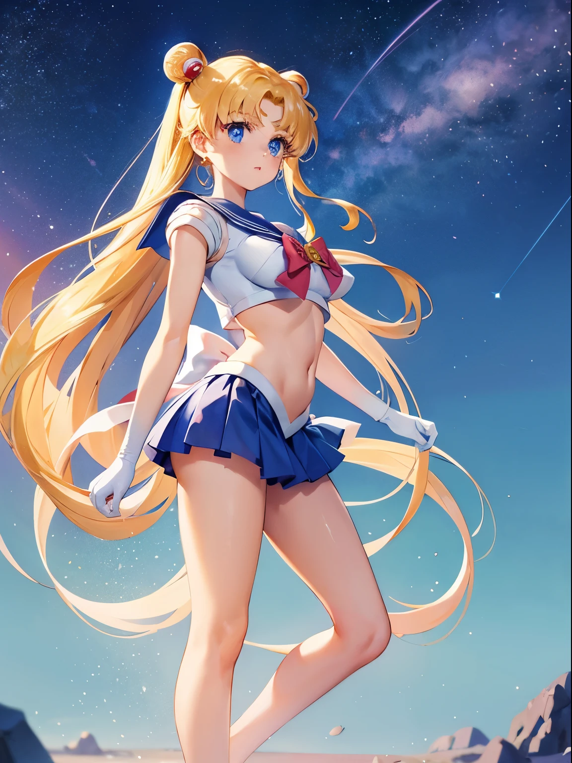 Sailor Moon, 1 girl, blonde hair, long hair, blue eyes, detailed eyes, simple background, female focus, alone, standing, Usagi Tsukino, portrait, full body, (Masterpiece:1.0), (best quality:1.0), (wallpaper 8k:1.0), (beautiful face detailed:1.0), (deep detailed eyes), deep eyes, looking at viewer, sailor explorer, red bow on chest, pink bra, blue miniskirt, white gloves, big breasts , bare abdomen, pink panties, upskirt panties,