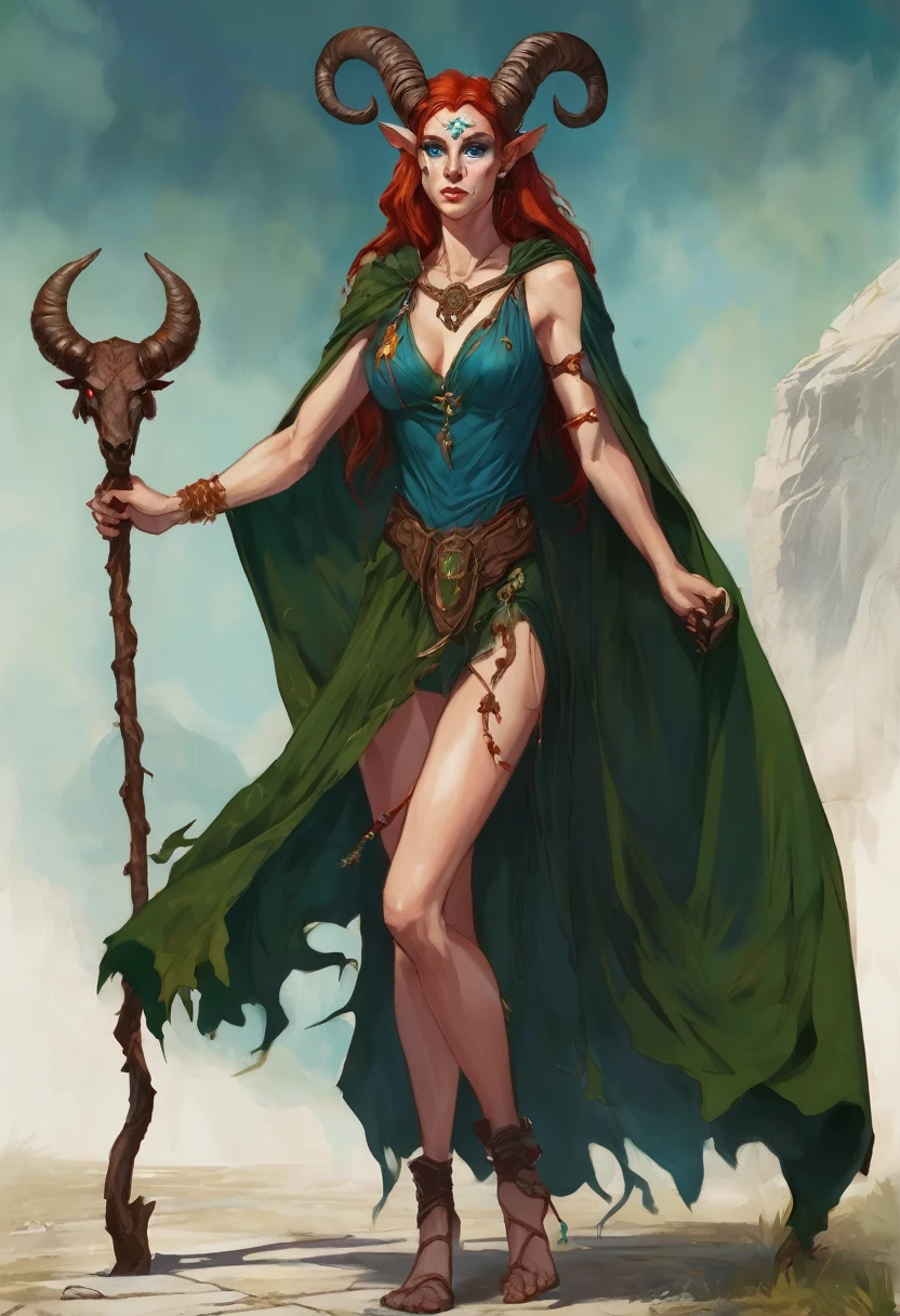 Satyr woman with horns, sorceress, an amazon, red unkempt shoulder length hair,  in the clothes of a traveler, Blue eyes, legs with hooves similar to the legs of a demon and with hair, There are birthmarks on the shoulders of a dark green cape, decorations made of bones on the neck and ears   