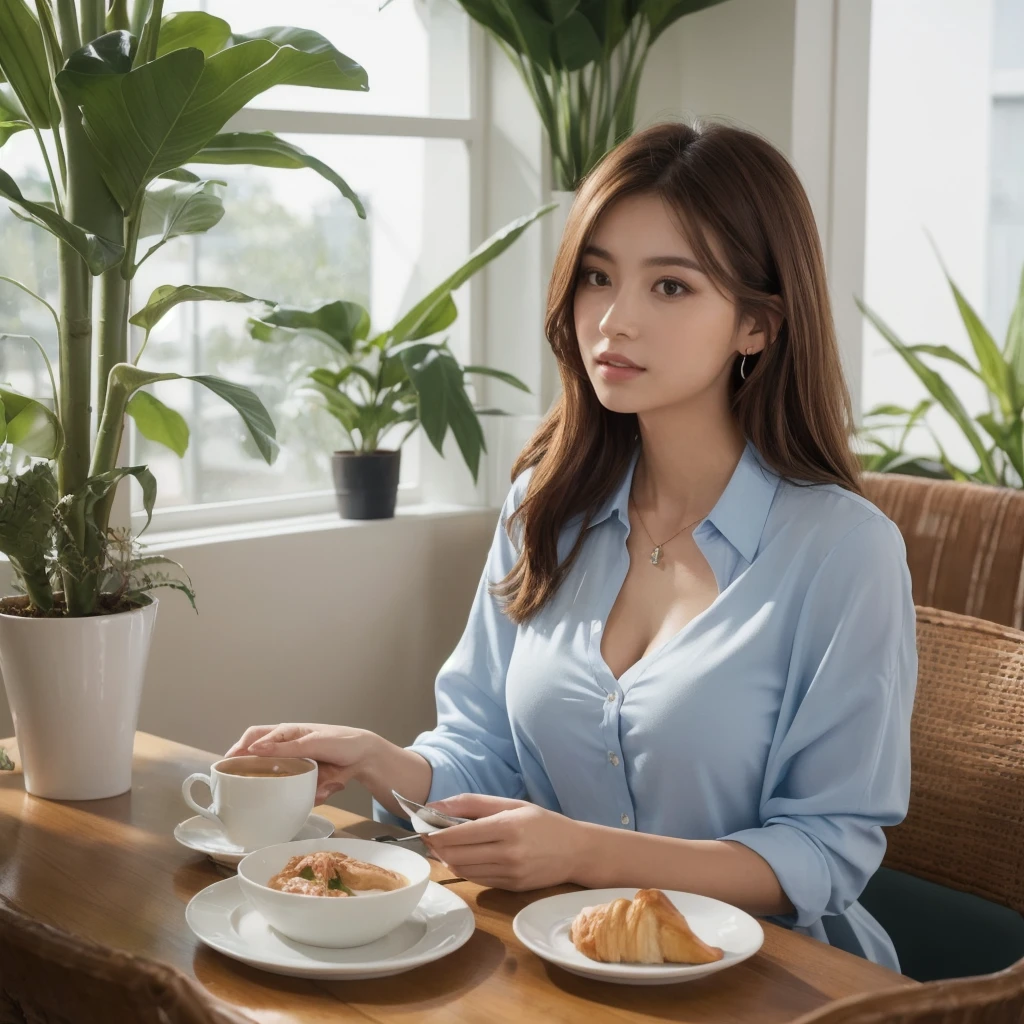 solo Detailed and realistic portrait of a beautiful young Asian woman。She has long light brown hair and big light brown eyes. ((medium breast, tomboy girls, small head)), daylight, sunlight, (chiseled abs : 1.1), (perfect body : 1.1), auburn hair, collar, chain, full body shot, , Top quality, 1 beautiful woman, long Hair, brown hair, A beautiful woman, wearing a light blue blouse, is enjoying breakfast in a stylish cafe with a white-themed decor. The soft morning light filters through the large windows, illuminating the elegant, minimalist design of the cafe. She sits at a small table near a potted plant, sipping her coffee while looking out at the serene street. The breakfast spread includes a croissant, fresh fruit, and a perfectly plated avocado toast. The atmosphere is peaceful and sophisticated, highlighting the beauty of both the woman and the setting. extremely detailed CG 8k wallpaper), (an extremely delicate and beautiful), (masterpiece), (best quality:1.0), (ultra highres:1.0),  beautiful lighting ,perfect lightning, realistic shadows, [highres], detailed skin, ultra-detailed