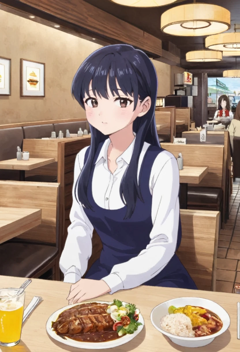 Anna yamada sit in restaurant long hair