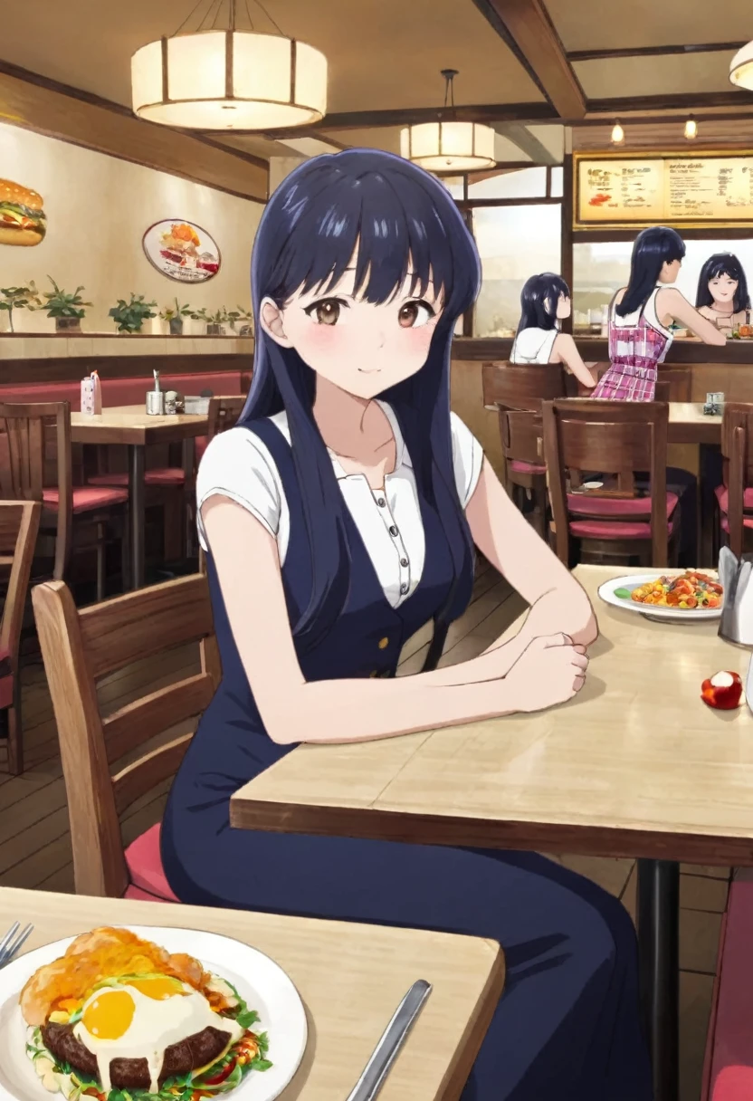 Anna yamada sit in restaurant long hair