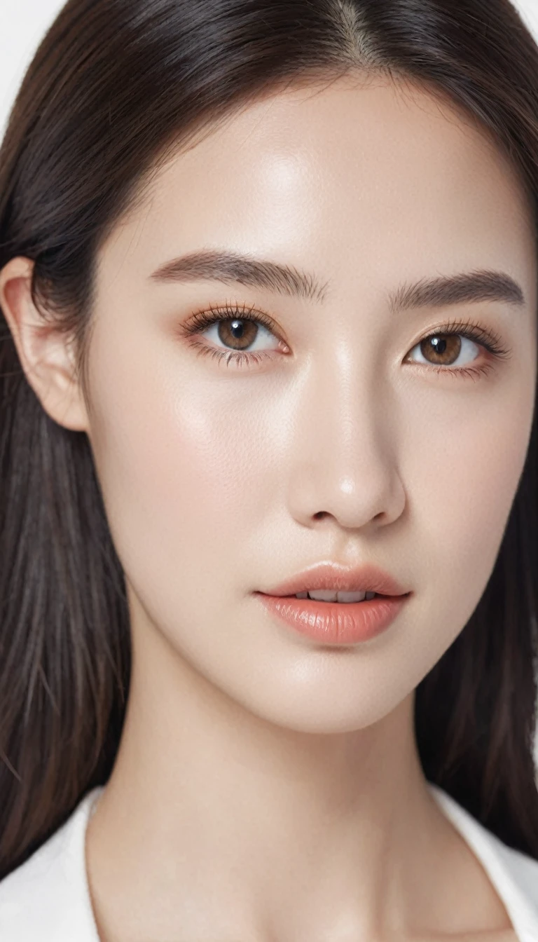 "Create a realistic image of a 22-year-old young woman. She has clear and smooth skin, with an even and healthy tone, no imperfections. Your hair is long, brown and wavy, falling gently on the shoulders. Her eyes are light brown, grandes e expressivos, with long eyelashes and well-defined eyebrows. She has an oval face, with slightly rosy cheeks and full lips with a subtle smile. She is wearing a simple white blouse, with light, natural makeup, highlighting your natural beauty. The background of the image is neutral, preferably light in color, to highlight your facial features. Lighting is soft and even, no harsh shadows, to enhance skin texture and facial details."
