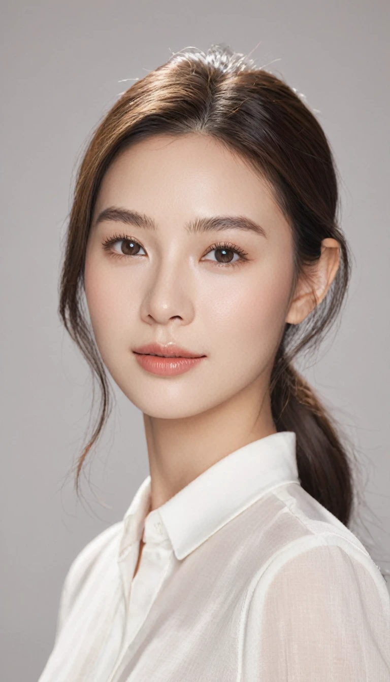 "Create a realistic image of a 22-year-old young woman. She has clear and smooth skin, with an even and healthy tone, no imperfections. Your hair is long, brown and wavy, falling gently on the shoulders. Her eyes are light brown, grandes e expressivos, with long eyelashes and well-defined eyebrows. She has an oval face, with slightly rosy cheeks and full lips with a subtle smile. She is wearing a simple white blouse, with light, natural makeup, highlighting your natural beauty. The background of the image is neutral, preferably light in color, to highlight your facial features. Lighting is soft and even, no harsh shadows, to enhance skin texture and facial details."