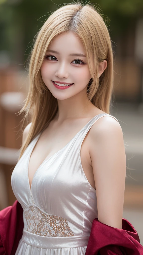 Highest quality, shape, Very detailed, finely, High resolution, 8k wallpaper, Silk dress,whole body ,Beautiful and beautiful eyes,one piece, Blonde,Sexy look,Natural color lip, Random sexy poses,smile,Beautiful teeth,20-year-old girl,Random background
