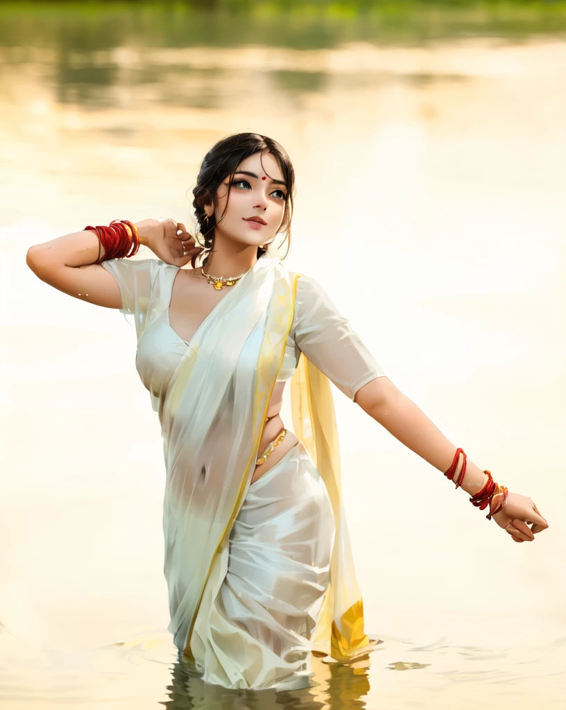 woman in white sari walking in water with her arms outstretched, stylish pose, traditional beauty, dressed in a sari, wearing a sari, beautiful pose, attractive pose, assamese aesthetic, beautiful goddess, indian goddess, movie stills photography, wearing sari, movie stills, very seductive pose, stunning elegant pose, cool pose, elegant pose, doing an elegant pose