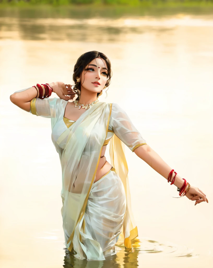 woman in white sari walking in water with her arms outstretched, stylish pose, traditional beauty, dressed in a sari, wearing a sari, beautiful pose, attractive pose, assamese aesthetic, beautiful goddess, indian goddess, movie stills photography, wearing sari, movie stills, very seductive pose, stunning elegant pose, cool pose, elegant pose, doing an elegant pose