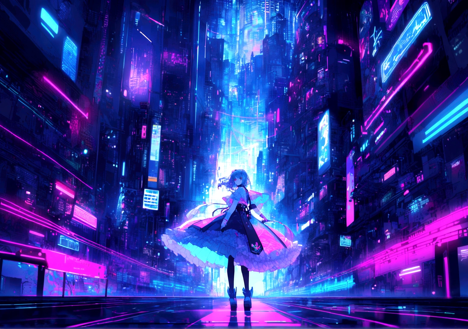 Elements: A pixel art cyberpunk city with glowing skyscrapers and moving holograms. Robots with neon lights and visible wires dance to the music.

• Colors: Dark shades of blue and purple with points of red, green and blue neon light.

• Animation: Skyscrapers pulse with music, holograms move and robots dance with mechanical movements.