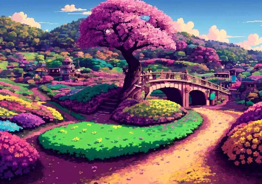 campo aberto com um caminho fullcolor com muitas flores e doces indo para os portoes da cidade dos doces mostrando de cima a Floresta dos Doces, magical world. fullcolor, Land of Sweets, colorful illustration, em uma floresta de doces! cinema 4d render fullcolor, Colorful Magic Crystal Bridge, colors surreais, candy land, colorful digital fantasy art, Gotejamento HD fullcolor, colorful highway, colors: Pink, yellow, ceano, Unripe