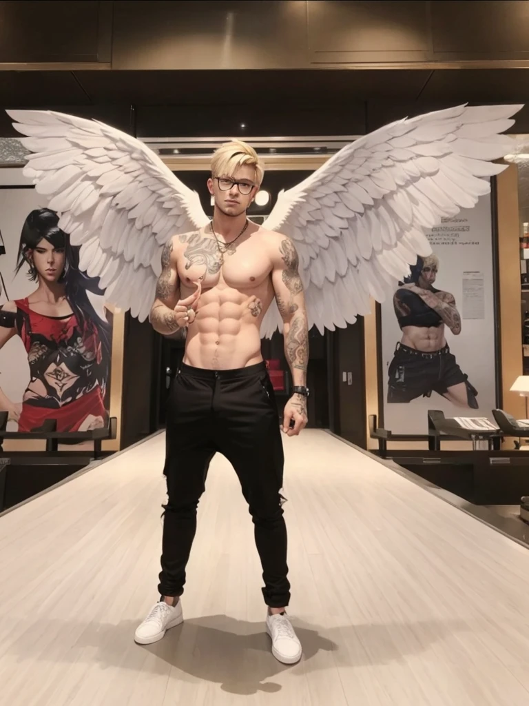 A full body man, with short blonde hair, strong with tattoos on his chest, wearing glasses, with white angel wings, no shirt, just black pants