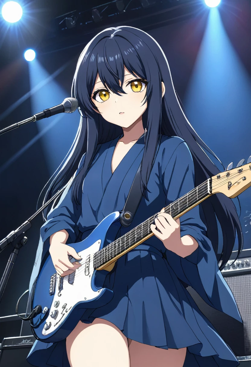 Miko yotsuya playing guitar in concert (yelllow eyes)   black blue long hair