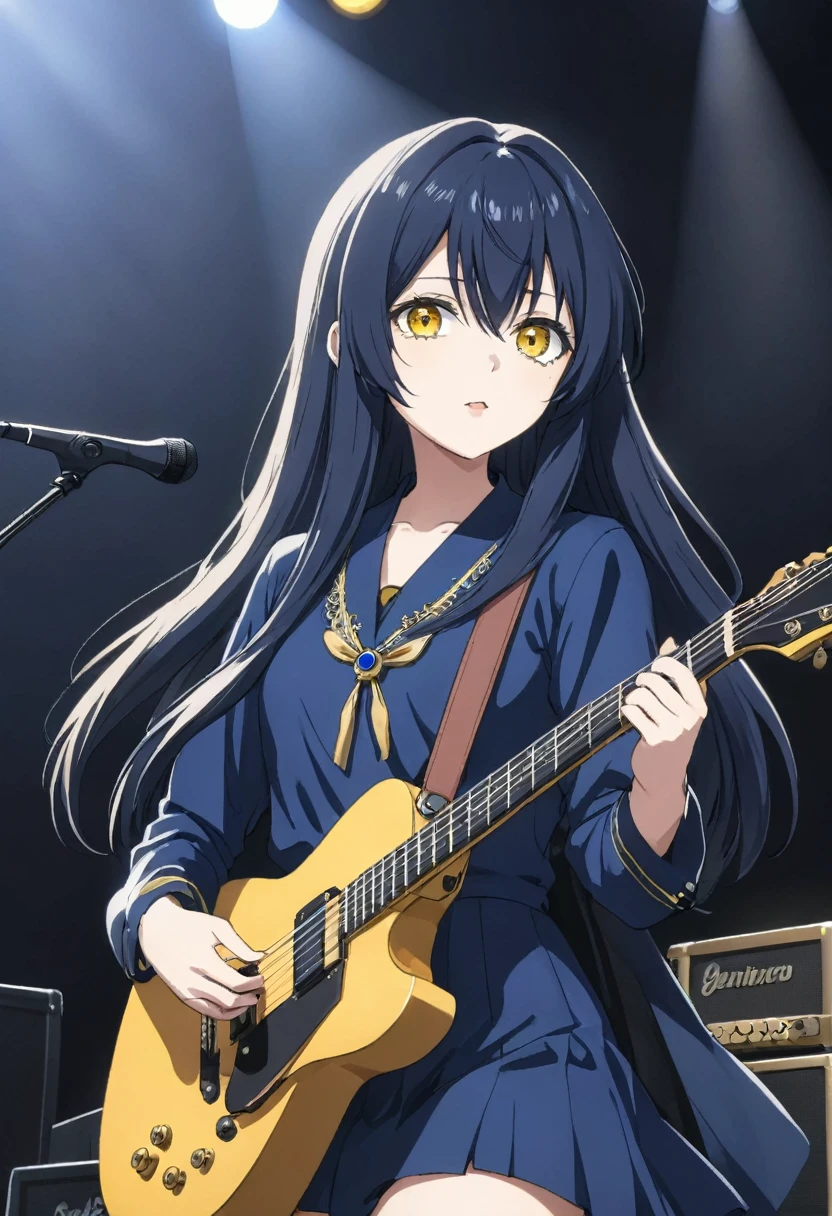 Miko yotsuya playing guitar in concert (yelllow eyes)   black blue long hair