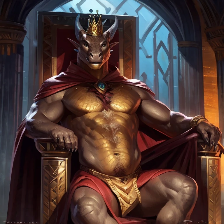 By Taran Fiddler, by greame, by arsauron, solo, dragon, male, bright golden scales, spikes, chest hair, throne, throne room, king, regal, crown, red cape, loincloth, upper body, portrait