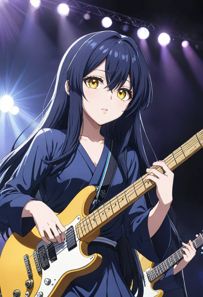 Miko yotsuya playing guitar in concert (yelllow eyes)   black blue long hair