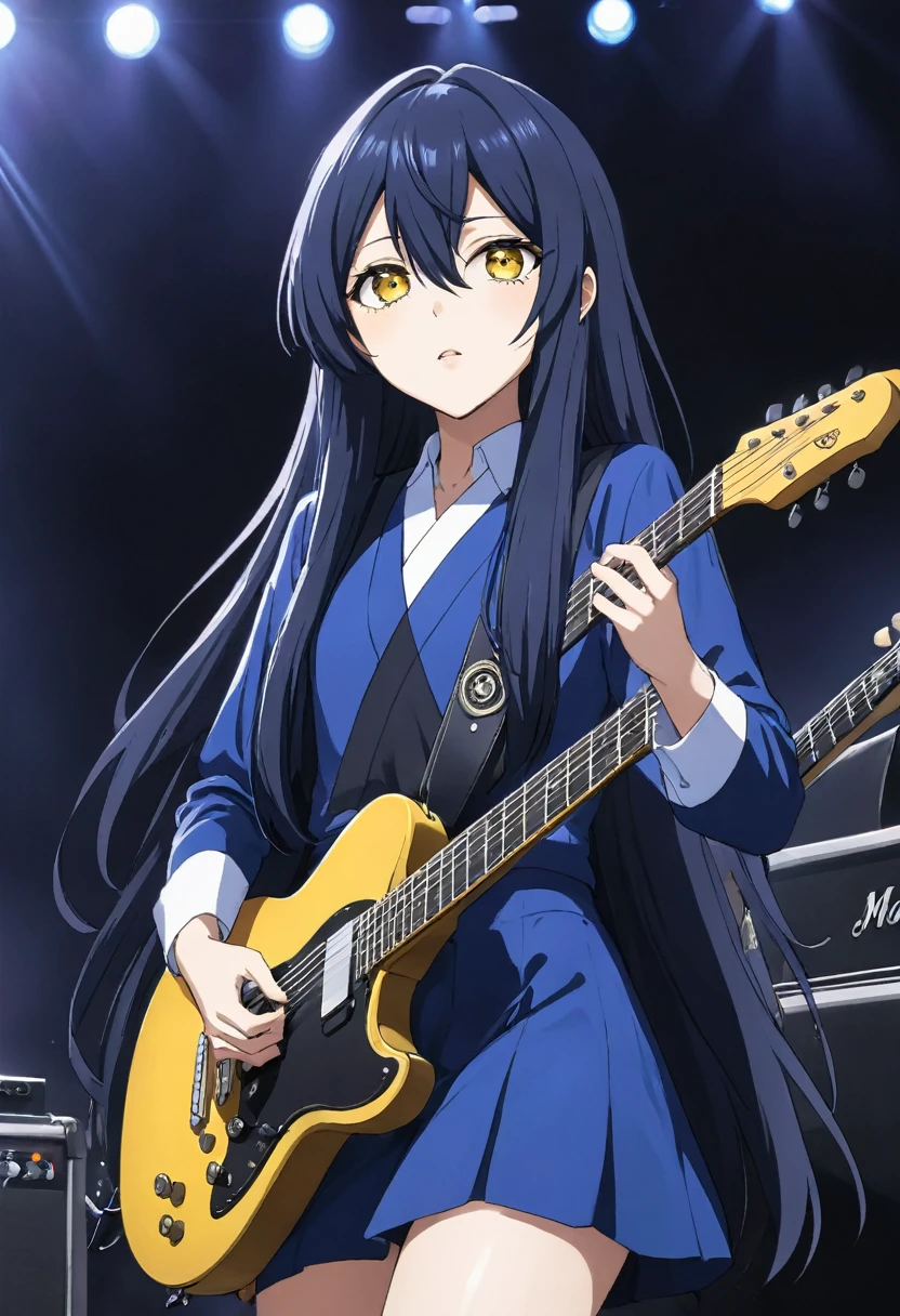 Miko yotsuya playing guitar in concert (yelllow eyes)   black blue long hair