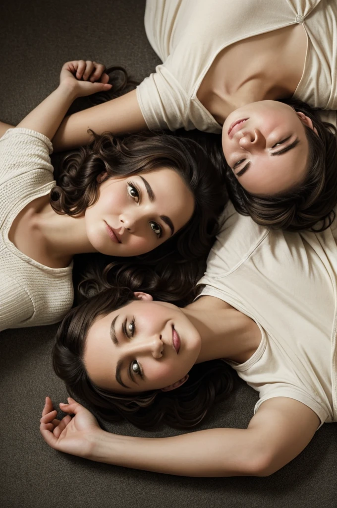 On the top left hand corner of the picture : a young man is curled on the side, upside down with a hand outstretched towards the bottom. On the bottom right hand corner, a young woman is curled to the side with a hand outstretched toward the top