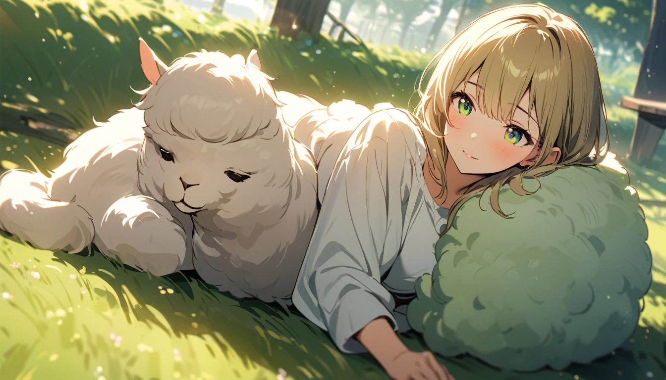 Alpaca, relaxing, green meadow, gentle sunlight, calm atmosphere, fluffy fur, bright colors, natural light, 50,masterpiece,Highest quality