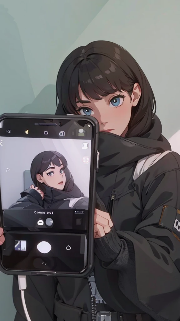 Cell phone in foreground on camera with woman in the background posing with one hand on her cheek