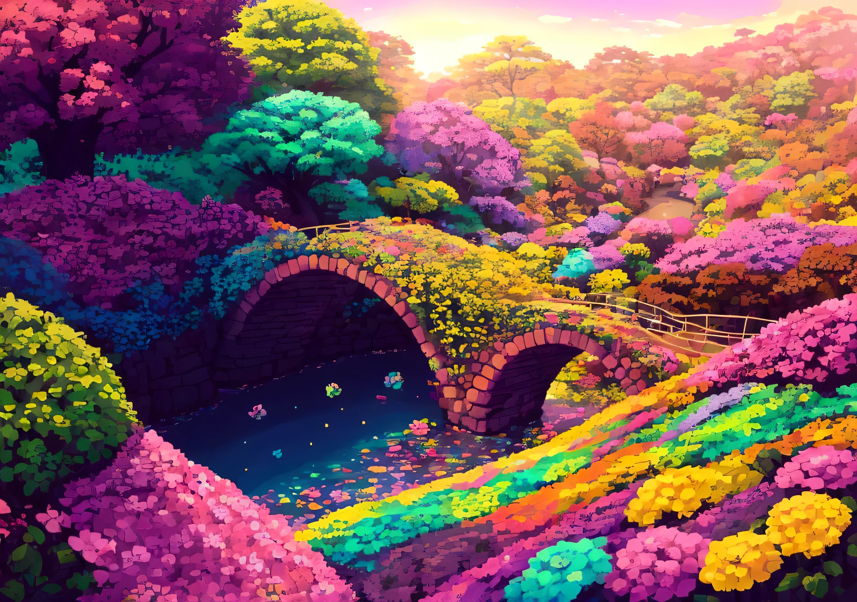 campo aberto com um caminho fullcolor com muitas flores e doces indo para os portoes da cidade dos doces mostrando de cima a Floresta dos Doces, magical world. fullcolor, Land of Sweets, colorful illustration, em uma floresta de doces! cinema 4d render fullcolor, Colorful Magic Crystal Bridge, colors surreais, candy land, colorful digital fantasy art, Gotejamento HD fullcolor, colorful highway, colors: Pink, yellow, ceano, Unripe