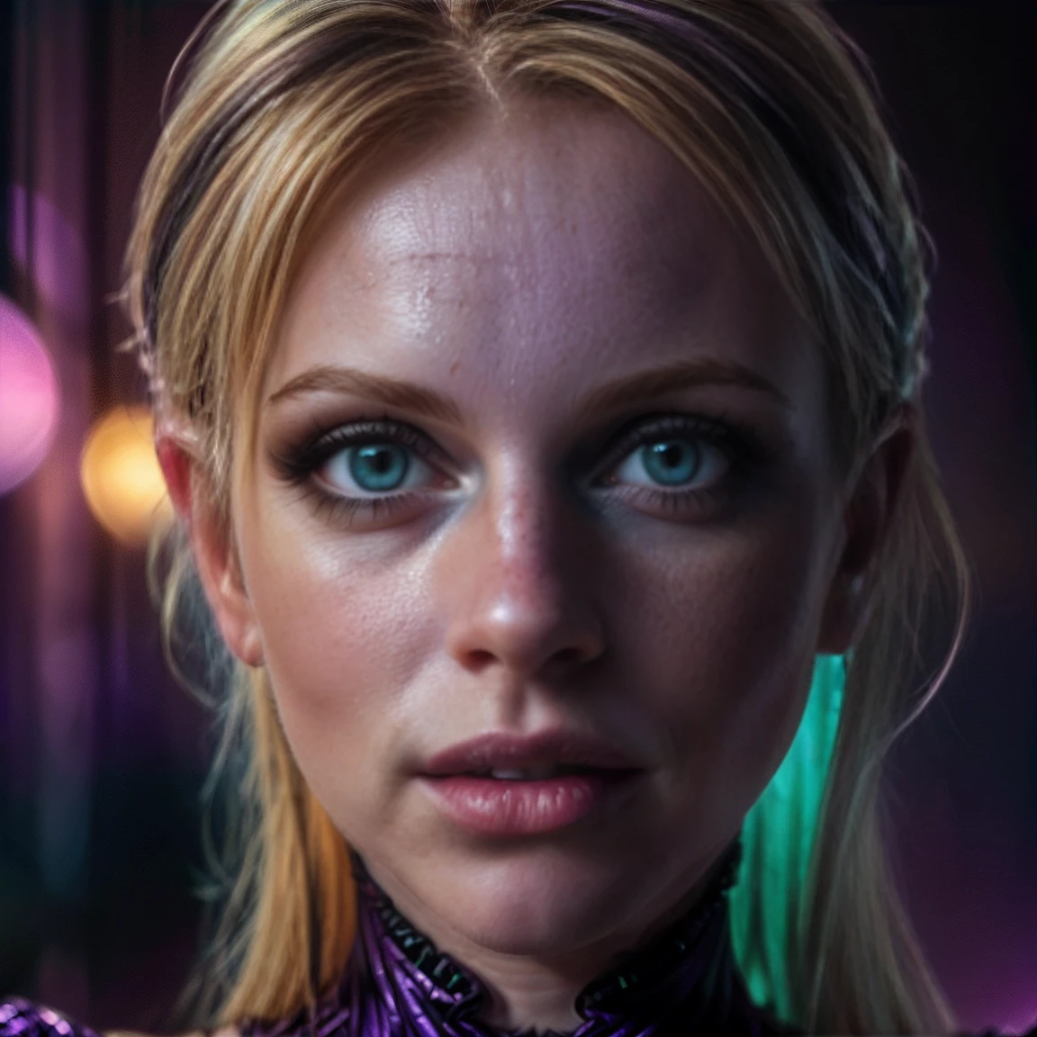 (((ultra realistic))) Photo, masterpiece, top quality, (pale skin), (Ultra detailed face and eyes:1.3), 1 girl, Adult, ((purple fading into green skin tight dress)), ((Bright Deep Navi Blue eyes)), ((Eye makeup, Pink mascara)), ((large detailed red lips)), (((Blonde straight hair)), ((Stylish hairstyle)) , (Natural breasts). ((Posing)), photoshoot, (Soft Lighting), (The play of light and shadows), depth of field, bokeh, (special attention to skin detail: 1.2), Detailed leather texture, detailed skin pores. (Erotic atmosphere of the frame. Color range - Purple, gold, black tones), UDR, ((Film grain)), ((rays)), (Glare), ((close to the camera)) , ultra detailed, (Full body shot), lifeimitatesart, detailed skin