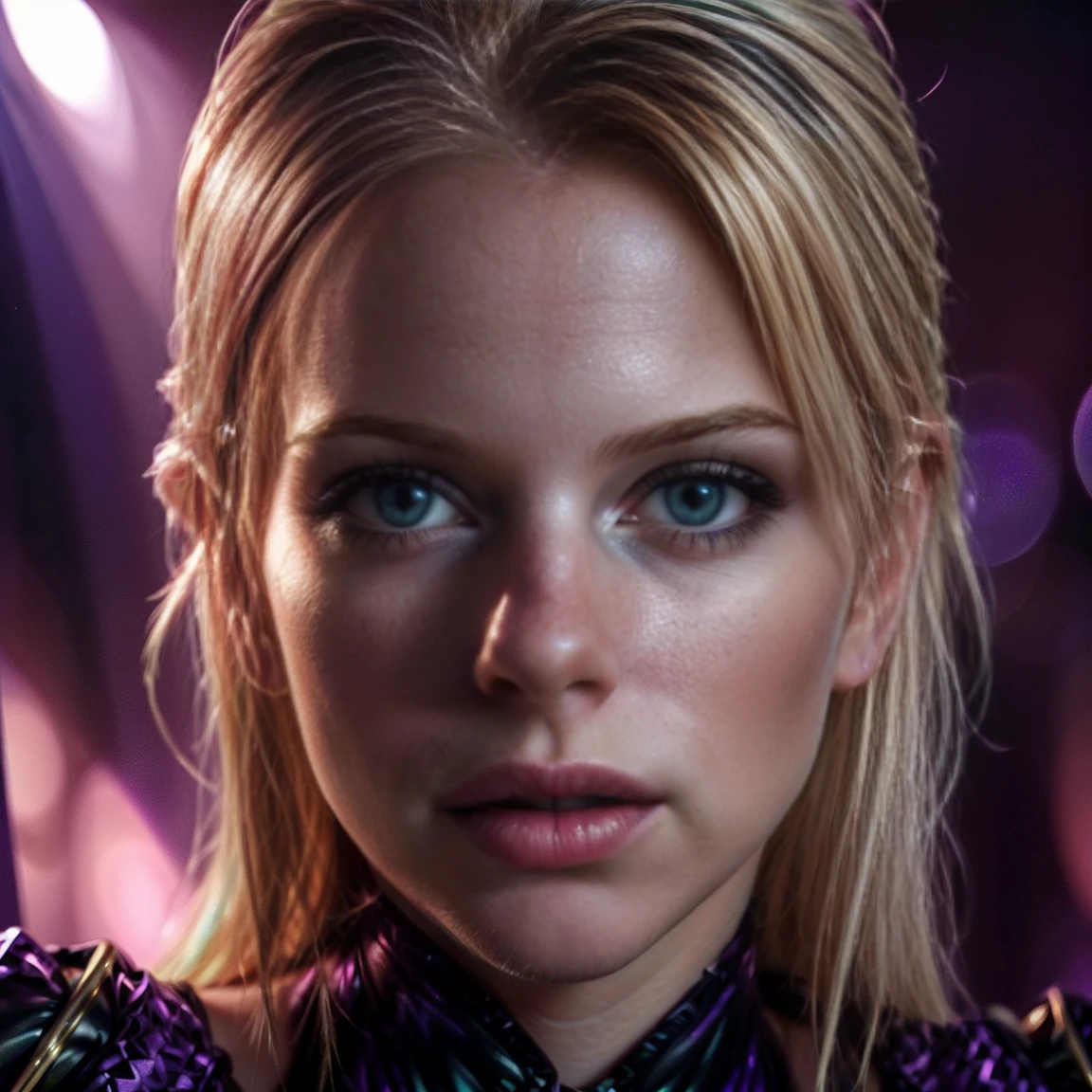 (((ultra realistic))) Photo, masterpiece, top quality, (pale skin), (Ultra detailed face and eyes:1.3), 1 girl, Adult, ((purple fading into green skin tight dress)), ((Bright Deep Navi Blue eyes)), ((Eye makeup, Pink mascara)), ((large detailed red lips)), (((Blonde straight hair)), ((Stylish hairstyle)) , (Natural breasts). ((Posing)), photoshoot, (Soft Lighting), (The play of light and shadows), depth of field, bokeh, (special attention to skin detail: 1.2), Detailed leather texture, detailed skin pores. (Erotic atmosphere of the frame. Color range - Purple, gold, black tones), UDR, ((Film grain)), ((rays)), (Glare), ((close to the camera)) , ultra detailed, (Full body shot), lifeimitatesart, detailed skin