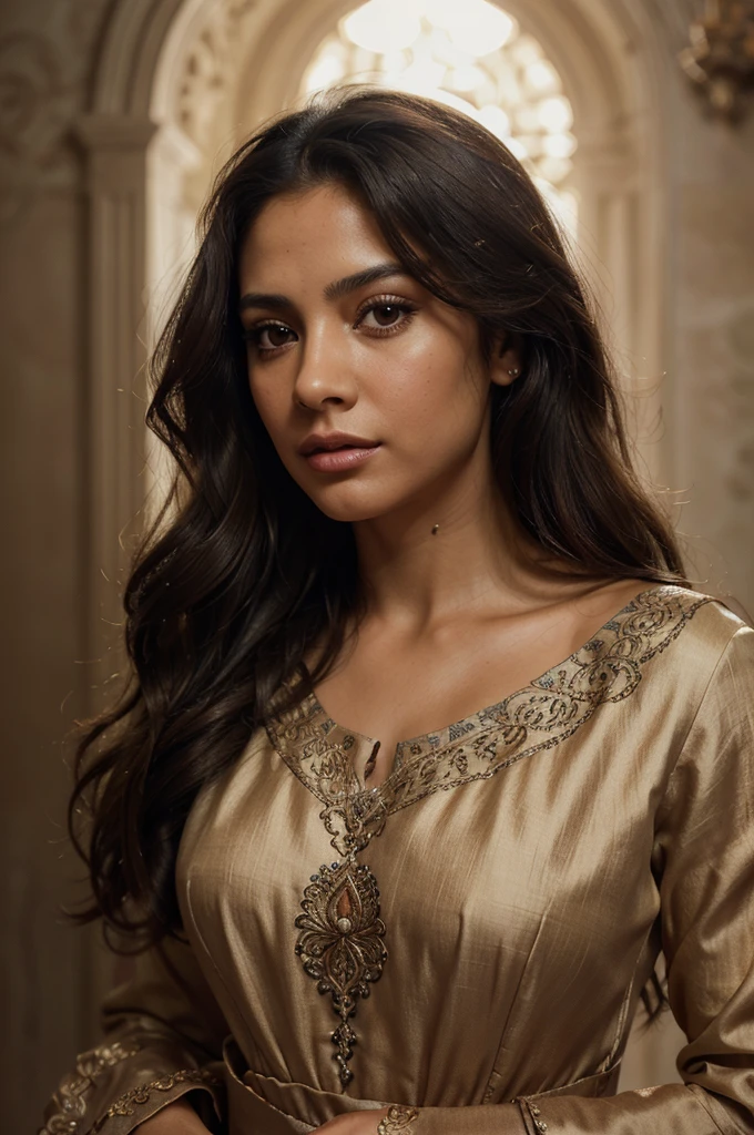 1 latina woman, detailed face, beautiful eyes, full lips, long eyelashes, tan skin, wavy dark hair, intricate hair details, detailed clothing, elegant dress, flowing fabric, photorealistic, 8k, hyper detailed, dramatic lighting, cinematic, dramatic shadows, vibrant colors, oil painting style, baroque, chiaroscuro