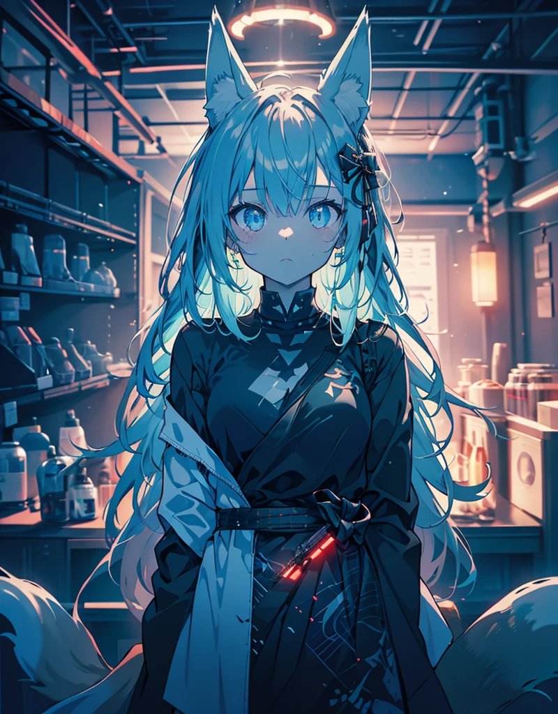(grainy:0.5), cinematic,Kizi, space, serious, detailedeyes, face detailed, detailed futuristic clothes, lights on clothes, (sight gun:1.1), (Hidden:1.1), (squatt, looking at side:1.1), volumetric lighting, isolation, horor, dark lighting, red bioluminescent details, green bioluminescent details, blue bioluminescent details, ((neko ears)), ((fox tail)), ((little horny))