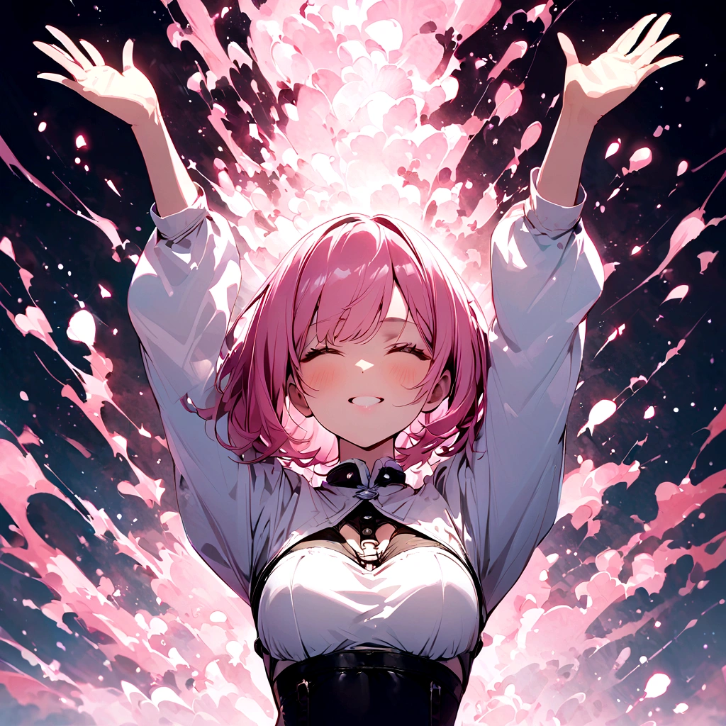 Pink Hair Woman、shrug、Open your arms、Palms up