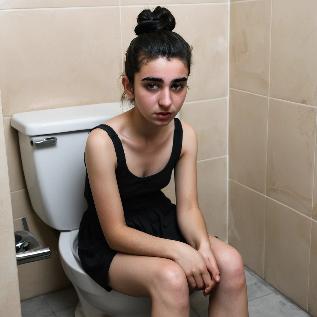 Pale skin black bun hair Kurdish girl sitting in toilet 