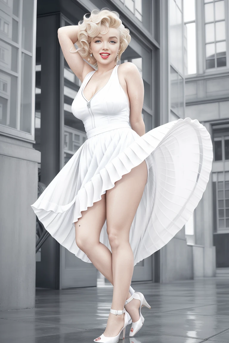 3monroe, marilyn monroe in a white dress, gale-force winds, dynamic folds, wet floors, wearing a skirt, exploding, historic photo, fins, archival pigment print, aperture priority, throw, exhibit, photograph, curve, smile