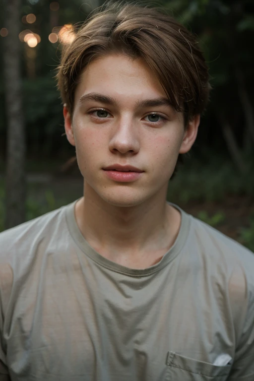 Green-eyed blonde boy around 20 years old with kind face wrapped in fireflies 