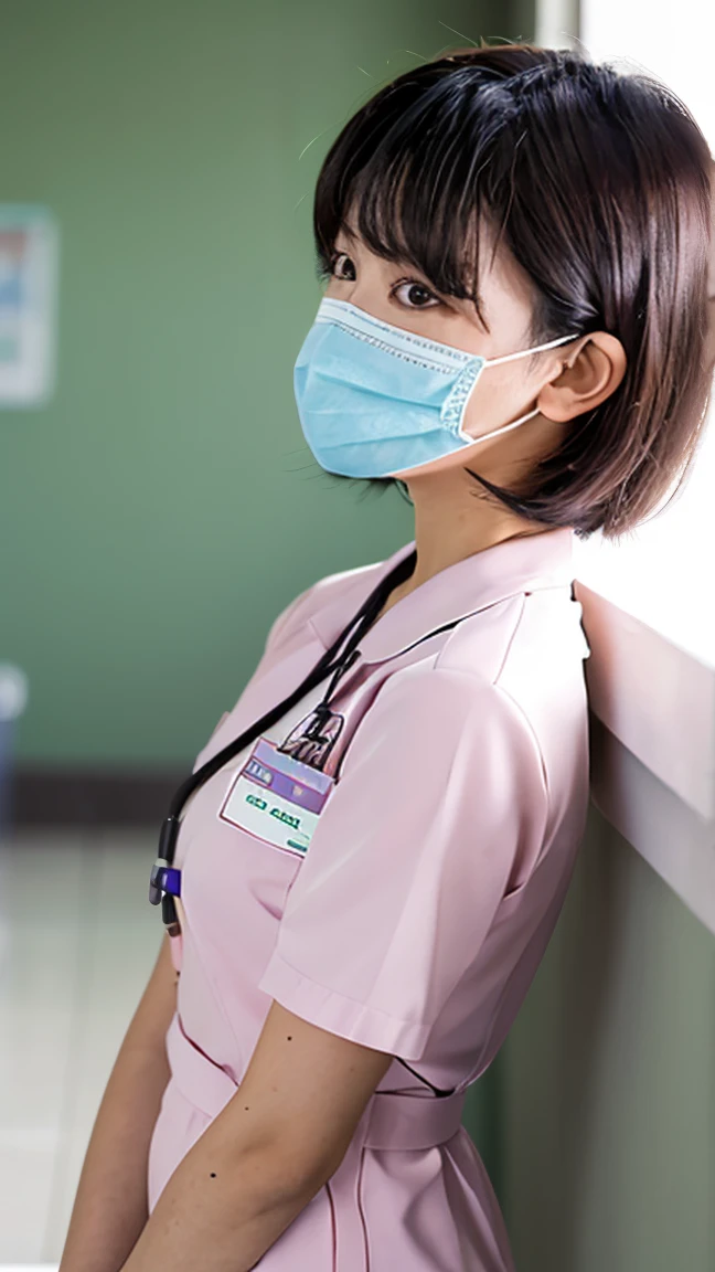 1 girl,(Wearing white nurse clothes:1.2),(RAW Photos, highest quality), (Realistic, photo-Realistic:1.4), masterpiece, Very delicate and beautiful, Very detailed, 2k wallpaper, wonderful, finely, Very detailed CG unity 8k wallpaper, Very detailed, High resolution, Soft Light, Beautiful detailed girl, Very detailed eyes and face, Beautiful and detailed nose, finely beautiful eyes, nurse, Perfect Anatomy, Black Hair, Upstyle, nurse uniform, ((mask)), Long skirt, nurse, Pink outfit, thin, hospital, clear, White Uniform, hospital room, Neck auscultation,Bobcut、Back view、Stick out your buttocks、振り向く、白いストッキング
