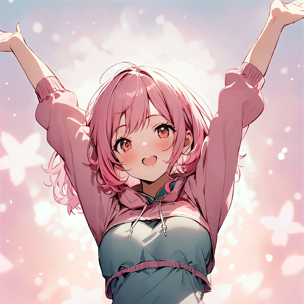 Pink Hair Woman、shrug、Open your arms、Palms up