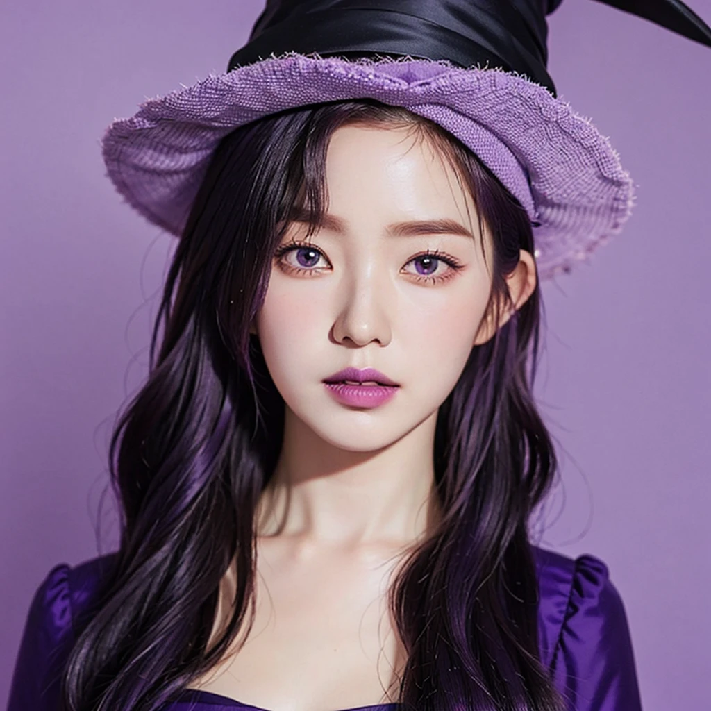 1girl, Asian girl, portrait, purple hair, short hair, curly hair with a fringe, witch hat, witch dress, purple lips, purple background