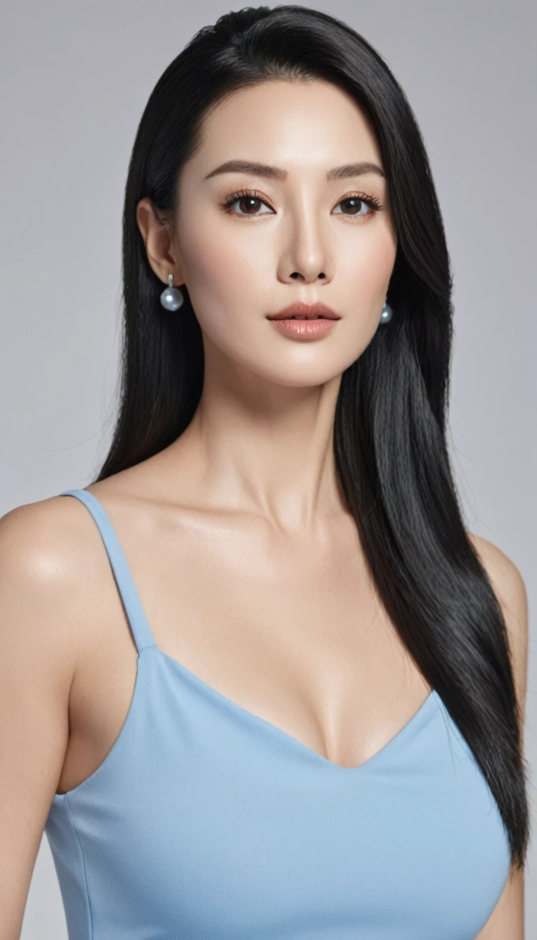 "Create an ultra-realistic image of a beautiful, authoritative-looking woman in her mid-30s. She has clear, flawless skin, with an even and healthy tone. Their hair is long and black, elegantly combed back into a sophisticated bun. their eyes are piercing blue, with long eyelashes and perfectly arched eyebrows that convey confidence and determination.
