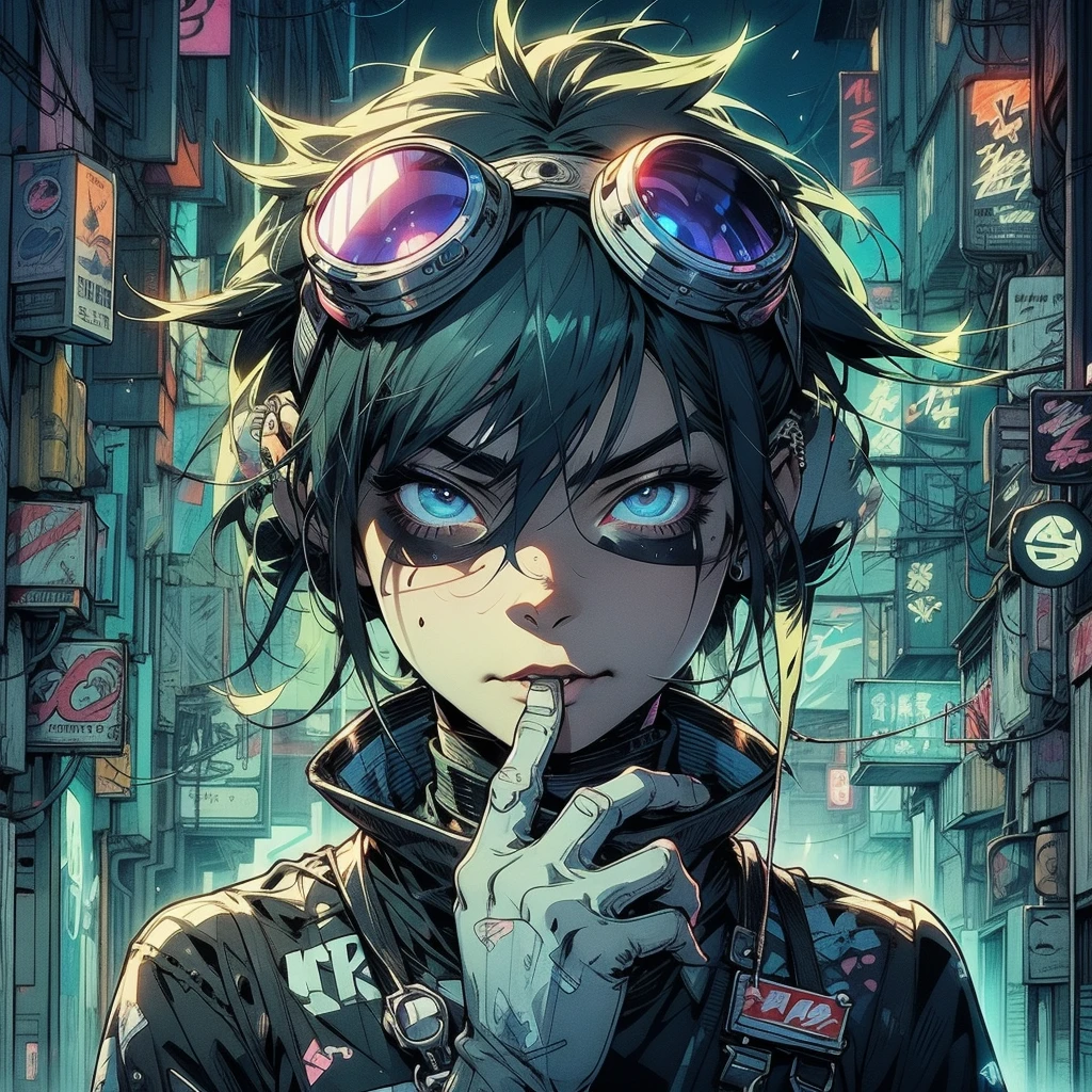 1boy,solo,colorful,yellow eyes,cyberpunk,city,peace sign,earrings,purple hair,eye patche,freckles,prothesis,mechanic,neon,beautiful lighting,purple reflection,cap,smoking,character focus,cg illustration,bust shot,yellow and black outfit,black hair,