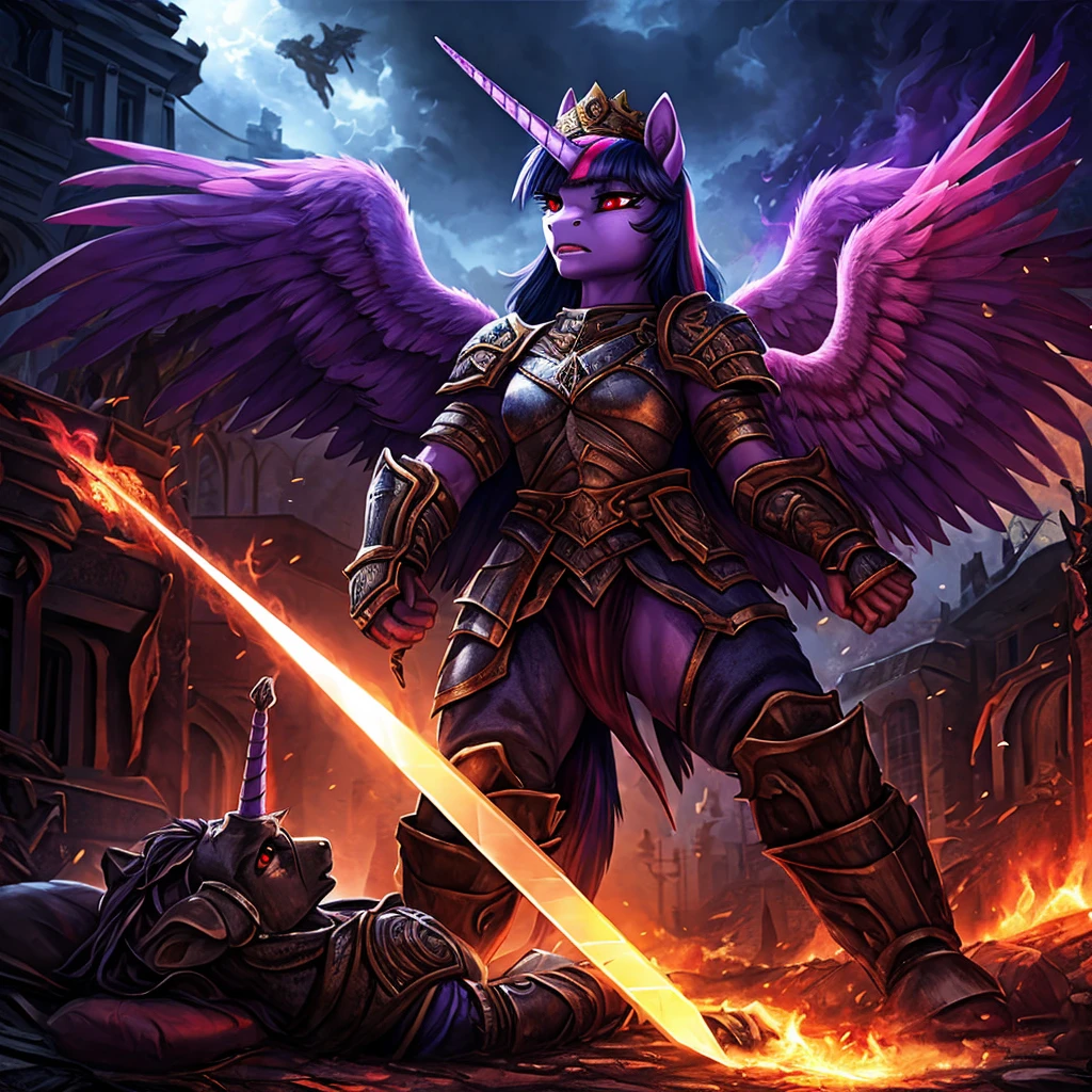A war-torn apocalyptic city in flames, an evil leader anthro alicorn pony queen Twilight Sparkle with a scar across face standing on a dead male anthro pony in a military outfit, 1girl, 1boy, corpse, detailed feathered wings and unicorn horn, detailed hands and feet, wearing steel armor, wielding a sword, surrounded by dark magic, wearing a crown, beautiful detailed eyes, beautiful detailed lips, red eyes with purple smoke, extremely detailed eyes and face, long eyelashes, realistic portrait, fantasy portrait, dark fantasy, concept art, digital painting, hyper-detailed, cinematic lighting, volumetric lighting, dramatic colors, deep shadows, moody atmosphere, intricate texture, highly detailed armor, ornate crown, glowing dark magic effects, dynamic pose, photorealistic, 8k, HDR, physically-based rendering, vibrant colors, cinematic framing