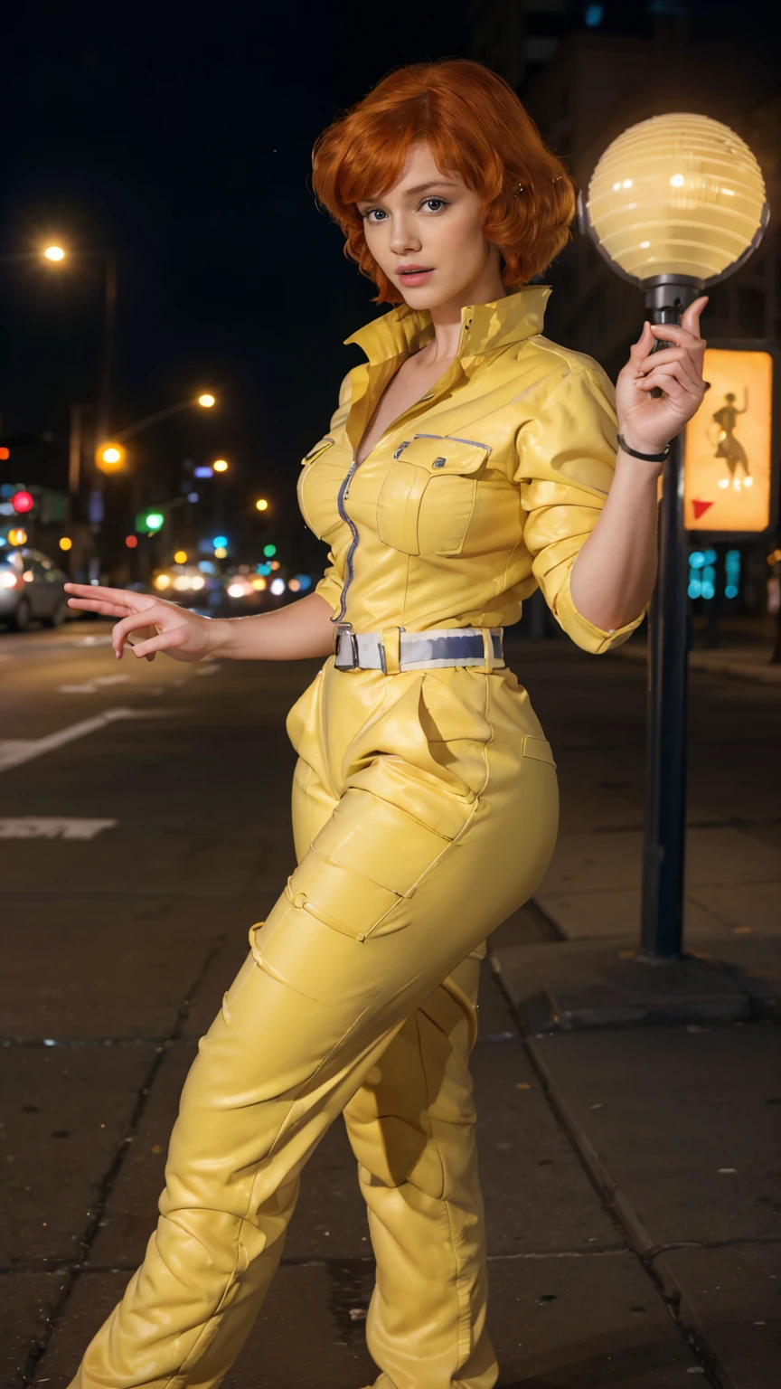 (masterpiece), (best quality), (solo character), (photorealistic:1.4), (chr1sh3n wearing white belt), (April O'Neil_v1 costume, jumpsuit), (yellow jumpsuit), (apriloneil white belt), ), (epiCRealLife), (lora:epiCFlashPhoto), (red hair), (red lipstick), (brown eyes), (young woman), (flashphoto), (night time), (new york city street), (traffic light), (different camera angle shots), (look at viewers), (cowboy shots), (close up body)