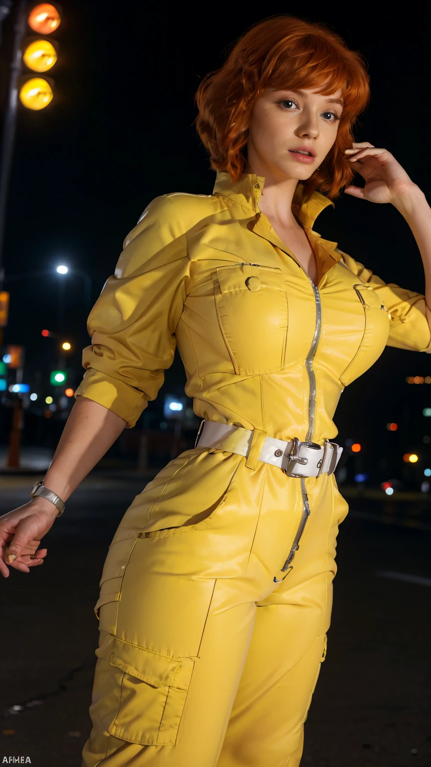 (masterpiece), (best quality), (solo character), (photorealistic:1.4), (chr1sh3n wearing white belt), (April O'Neil_v1 costume, jumpsuit), (yellow jumpsuit), (apriloneil white belt), ), (epiCRealLife), (lora:epiCFlashPhoto), (red hair), (red lipstick), (brown eyes), (young woman), (flashphoto), (night time), (new york city street), (traffic light), (different camera angle shots), (look at viewers), (cowboy shots), (close up body)