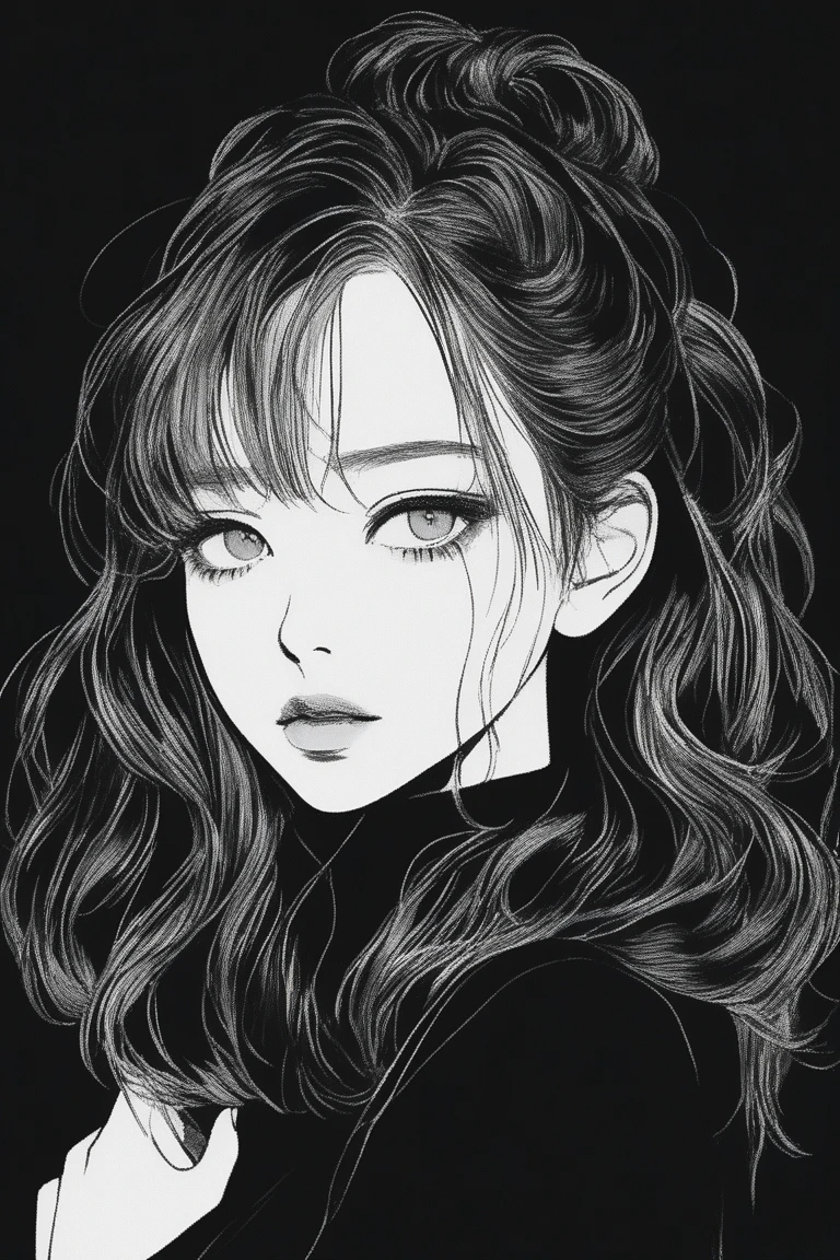 (best qualityer, outline:1.2), realistic epic,illustrator,アニメ,1 girl, Detailed lips,personalized, (monochrome dark background),textured cut, hdr, detaileds, Obra de artistry, classic retro style, dark black, artistry, (make cascading hair (blackw:1.75) [neon:1.32]), (dark monochrome background), together 