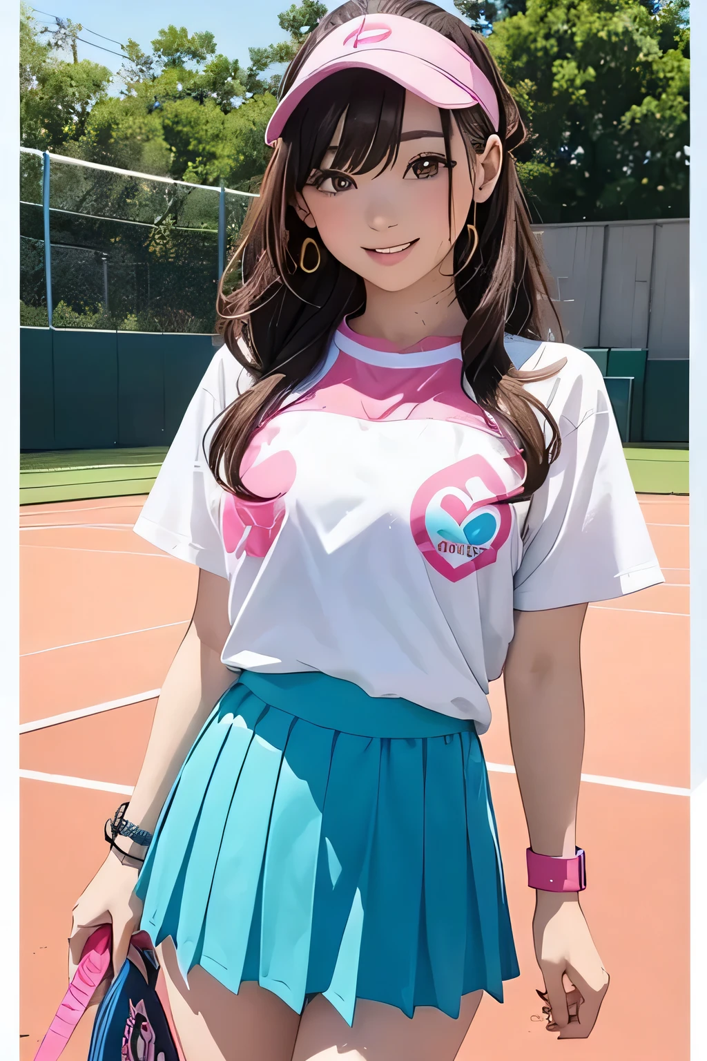 Highest quality、High resolution、Detailed Background、(Detailed eyes:1.2)、age beauty、(Highly detailed face:1.4)、(Huge breasts:1.2)、Cute hair color、Cute hairstyle、Perfect body line、Tennis court、Girls enjoying tennis、smile、Uplifting、One-piece tennis wear with a skirt、The skirt is flared and cute、T-shirt and skort set、The T-shirts are printed with logos and graphic designs, making them sporty yet cute.、Colorful gradient and patterned designs、Pale pastel colors and vivid colors、Feminine details such as ribbons and frills、It has a ribbon on the waist and frills on the hem.、hair band、Wristband、socks、Sneakers and other shoes are also available in white and pink.、Choose pastel colors、Sporty yet cute、Cute gestures